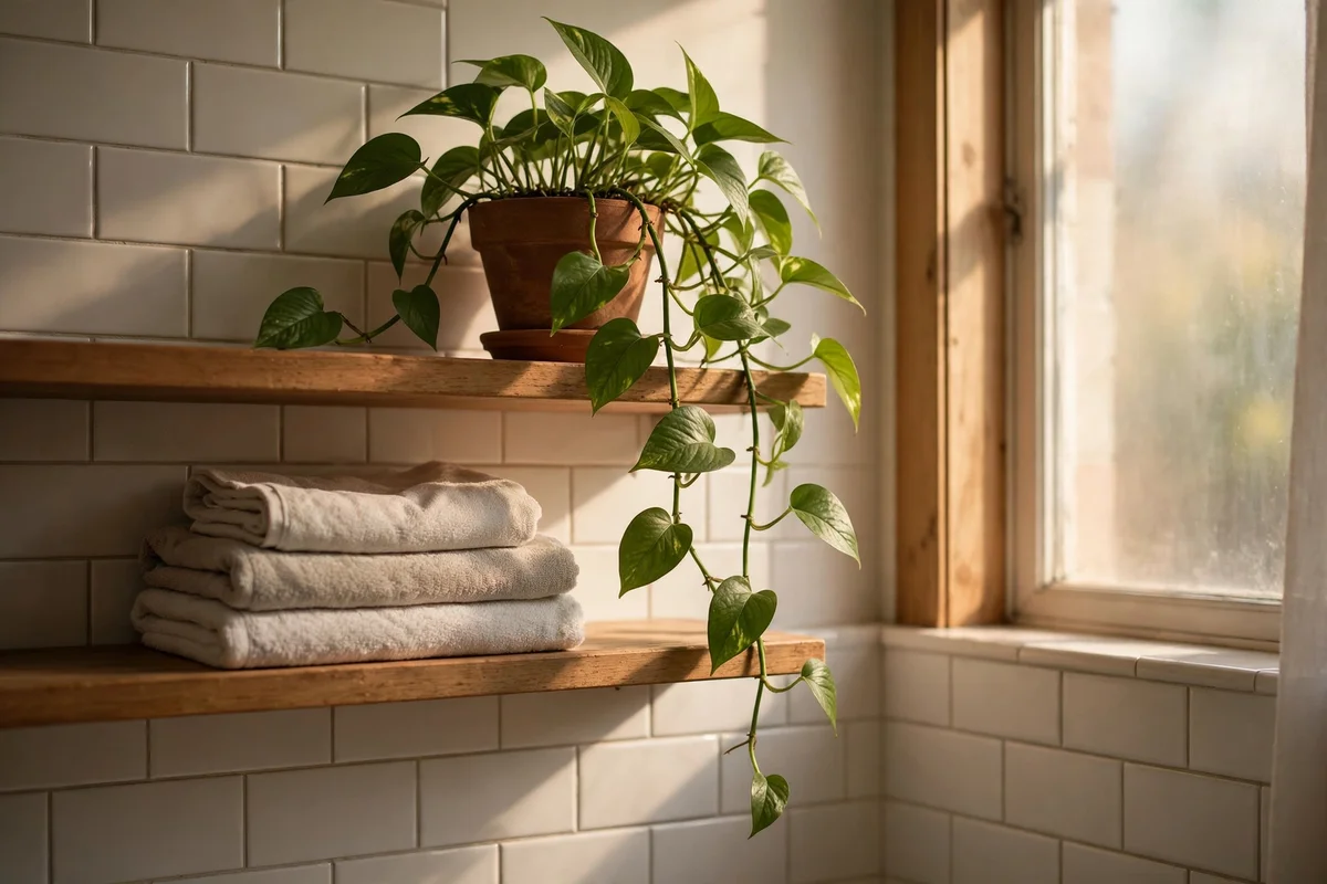 Small green pothos plant in a terracotta pot on the top shelf of a bathroom