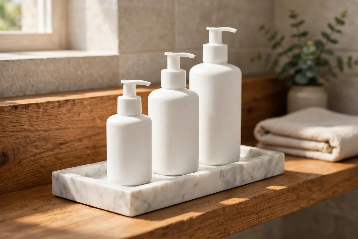 Marble tray on a bathroom shelf holding three matching pump bottles
