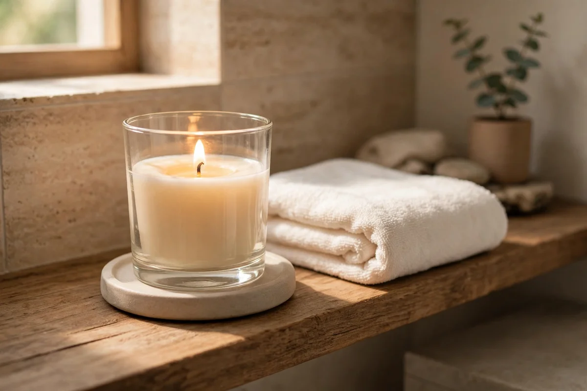 Single scented candle in a glass vessel beside a folded towel on a bathroom shelf