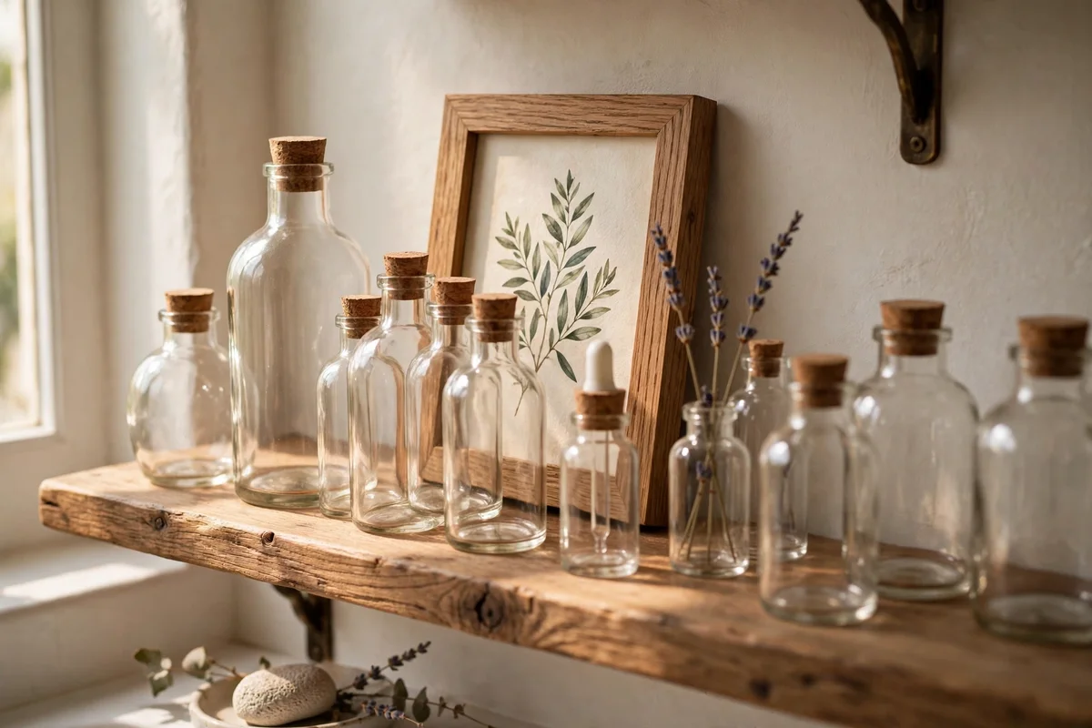 Small framed botanical print propped against the wall behind bottles on a shelf