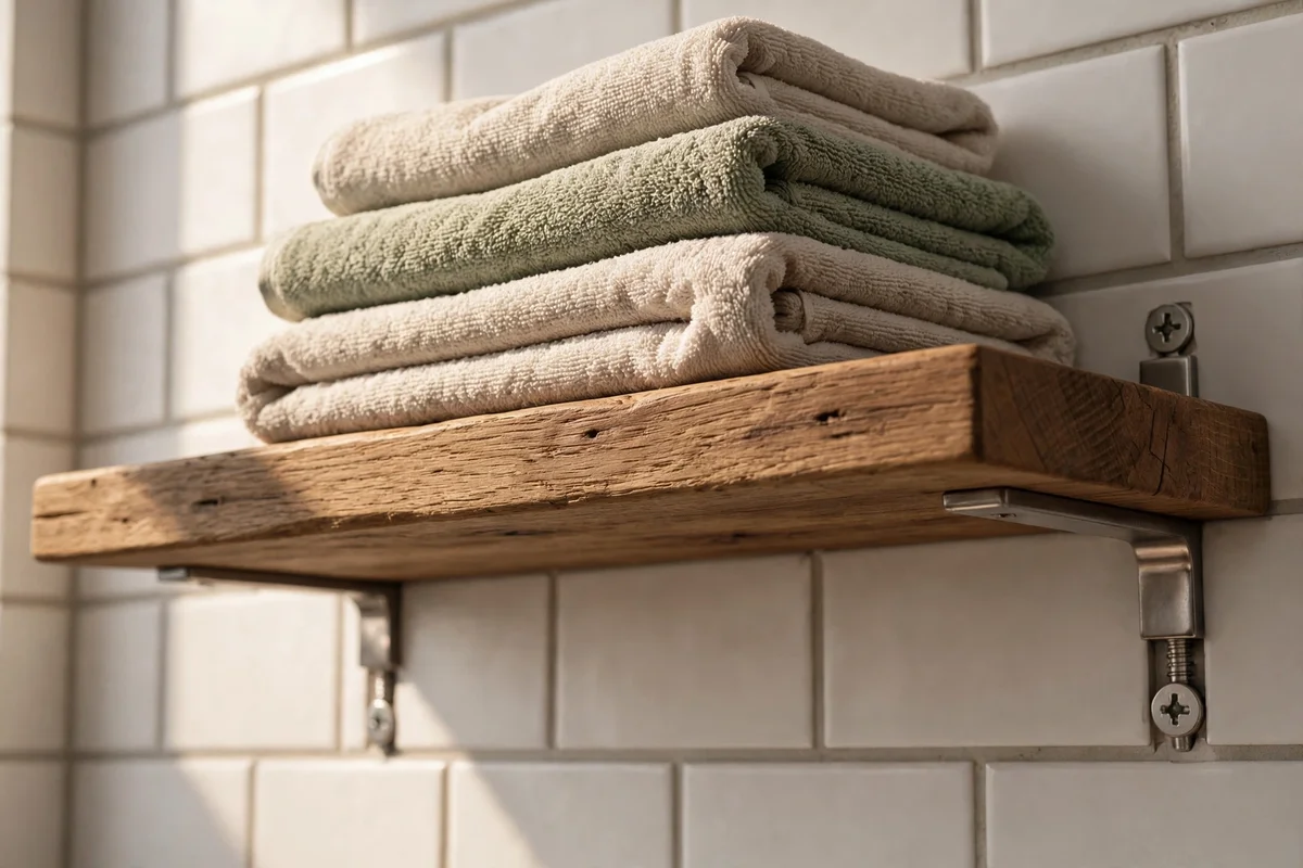 Close view of concealed brackets and wall anchors supporting a wooden bathroom shelf