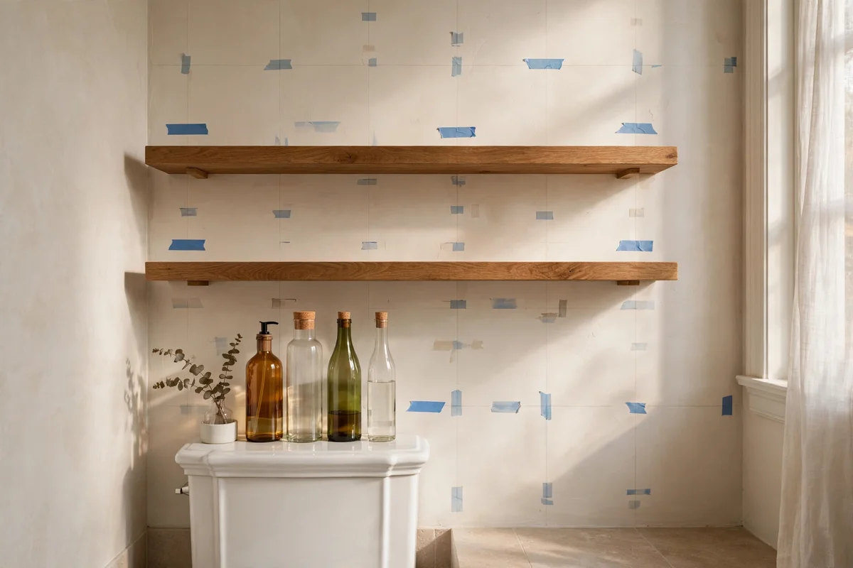 Evenly spaced floating shelves with painter's tape marks showing planned positions on a wall
