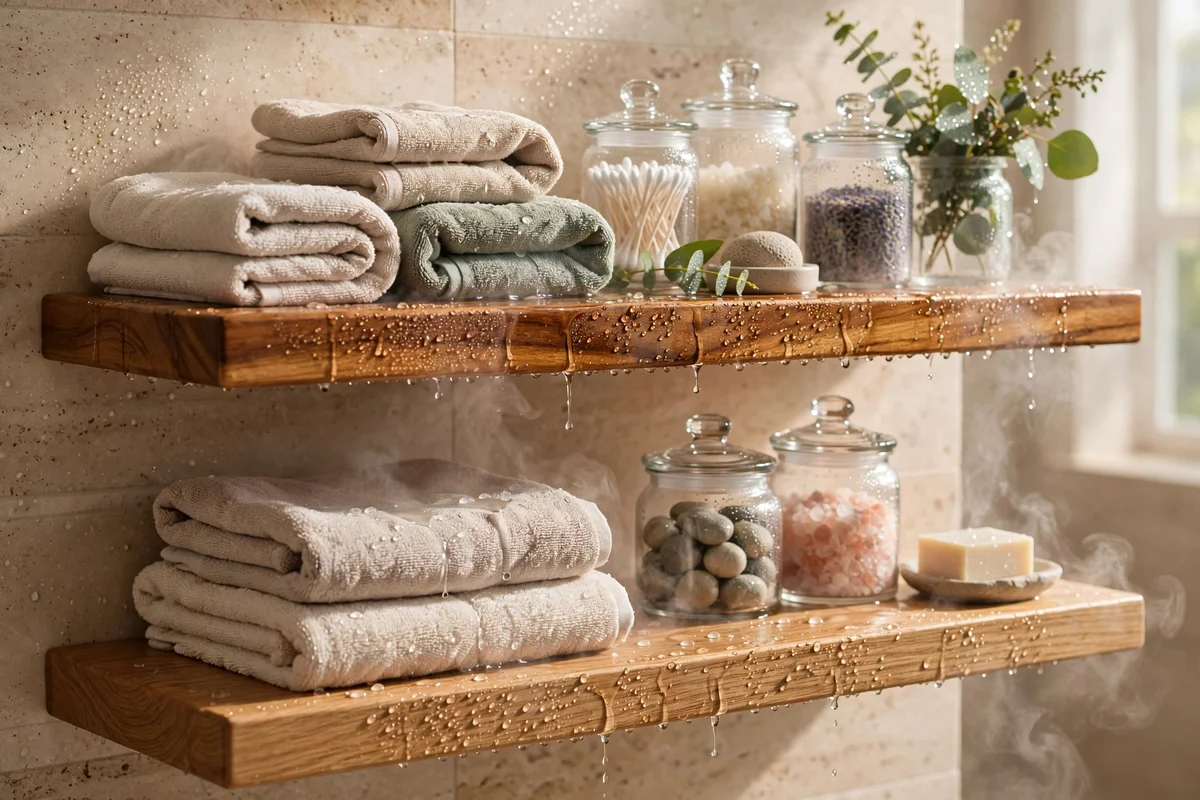 Teak and sealed oak bathroom shelves showing moisture-resistant finishes in a steamy bathroom