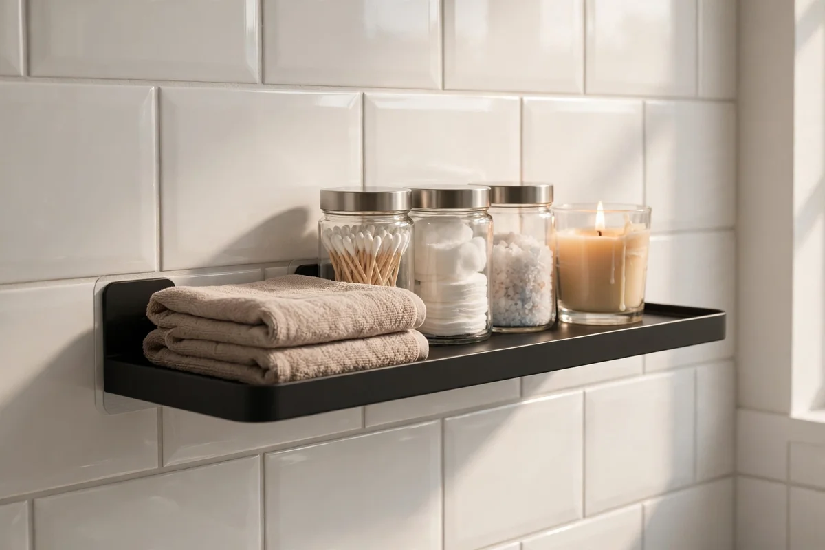 Adhesive-mounted shelf on bathroom tiles holding folded hand towels and small jars, no drill holes