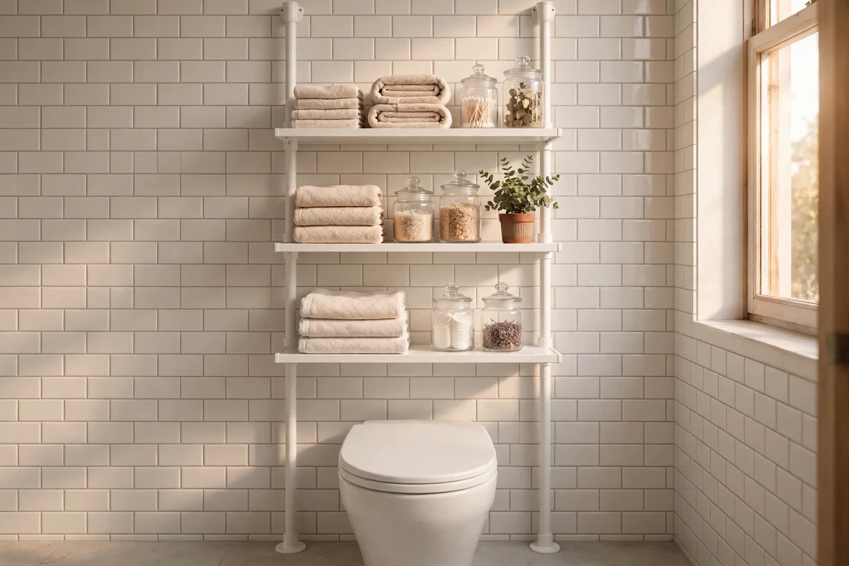 Tension pole shelf unit over a toilet with three adjustable shelves holding towels and jars