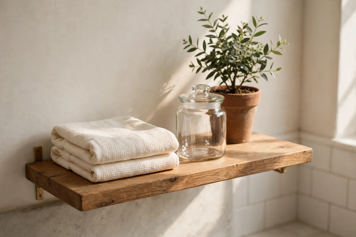 Bathroom shelf styled in a trio of three objects, a jar, folded towel and small plant