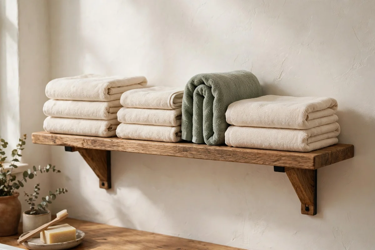 Cream and sage towels folded on a bathroom shelf echoing the warm white wall paint