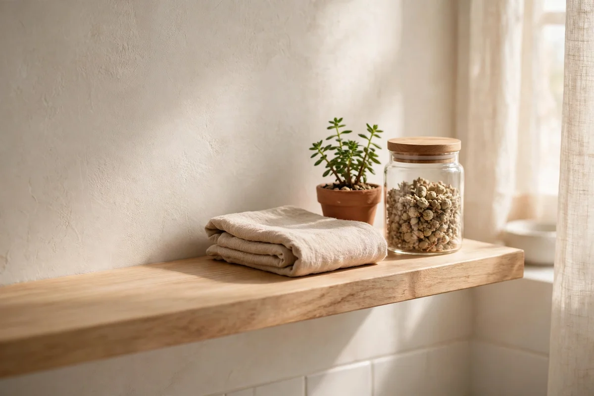 Calm bathroom shelf with generous empty space between a few styled objects