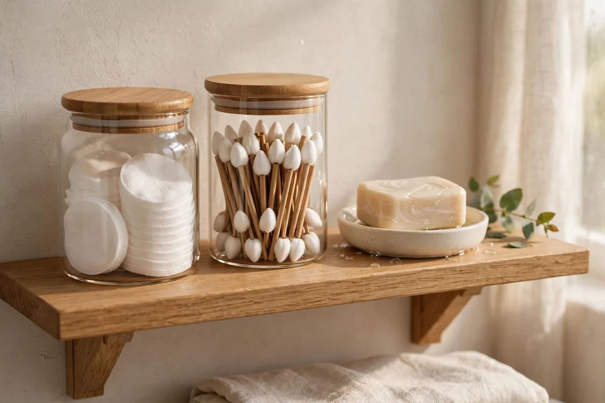 Lidded glass jars with bamboo lids holding cotton pads and buds on a bathroom shelf