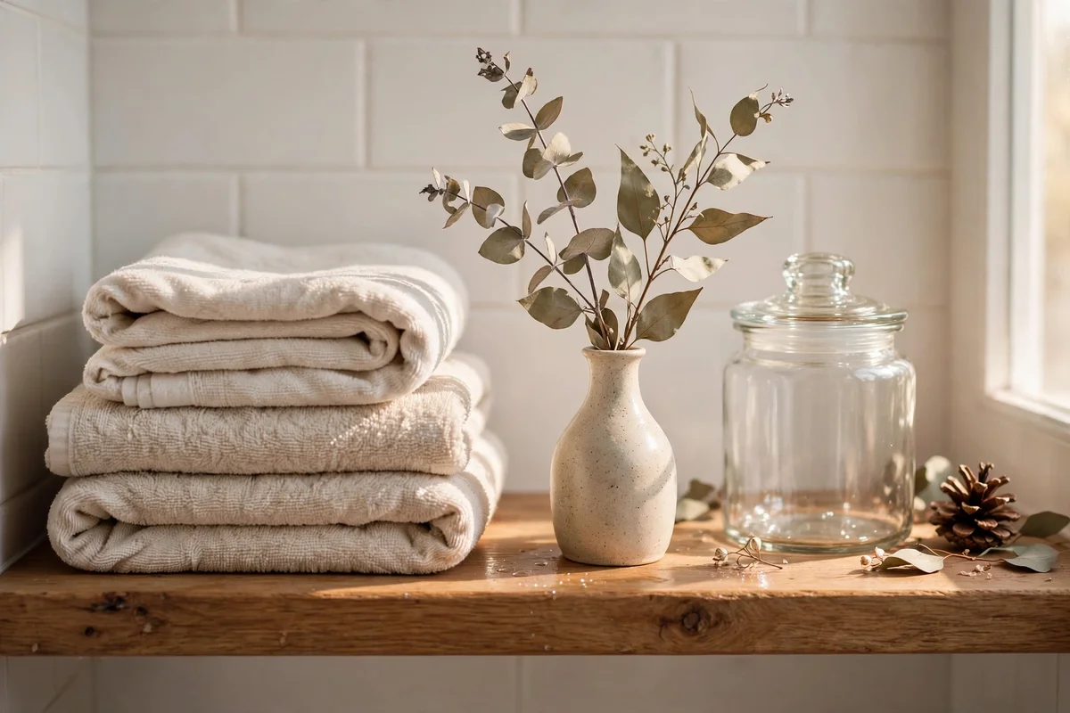 Small bud vase with a dried eucalyptus sprig on a bathroom shelf as a seasonal accent