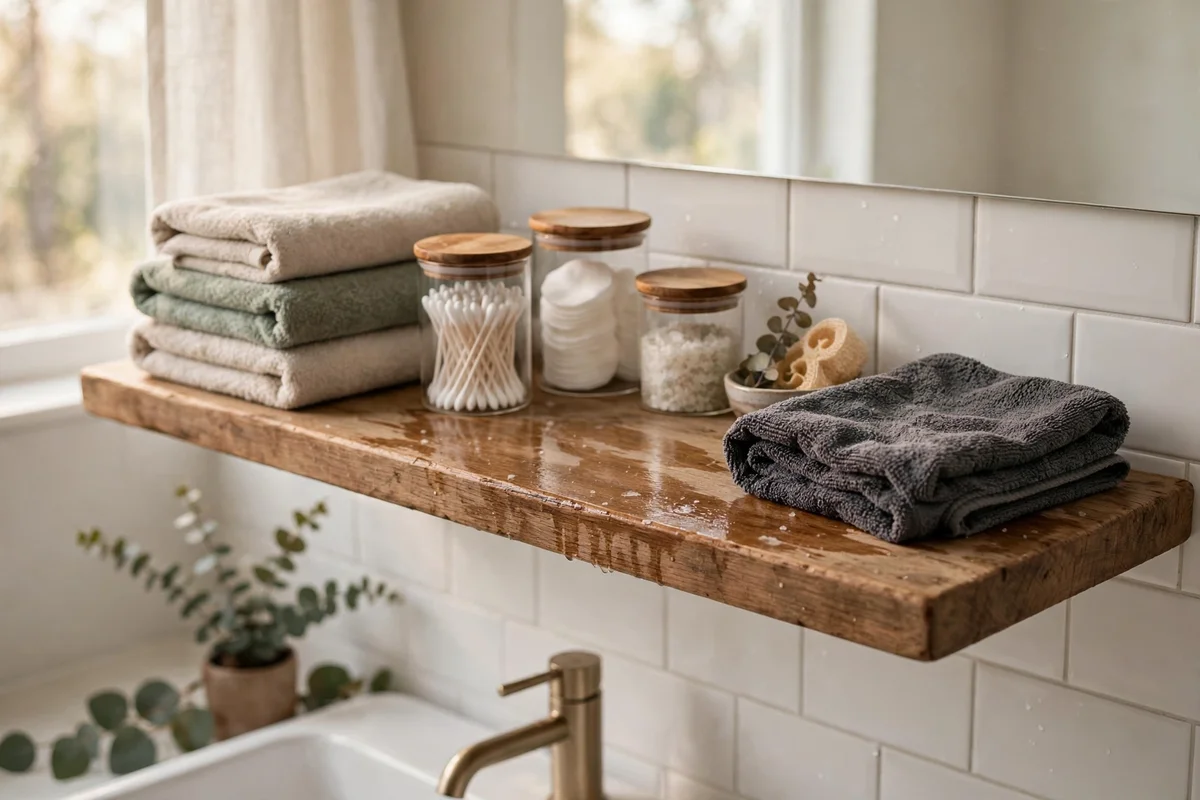 Hand wiping a wooden bathroom shelf with a damp microfibre cloth, styled items set aside