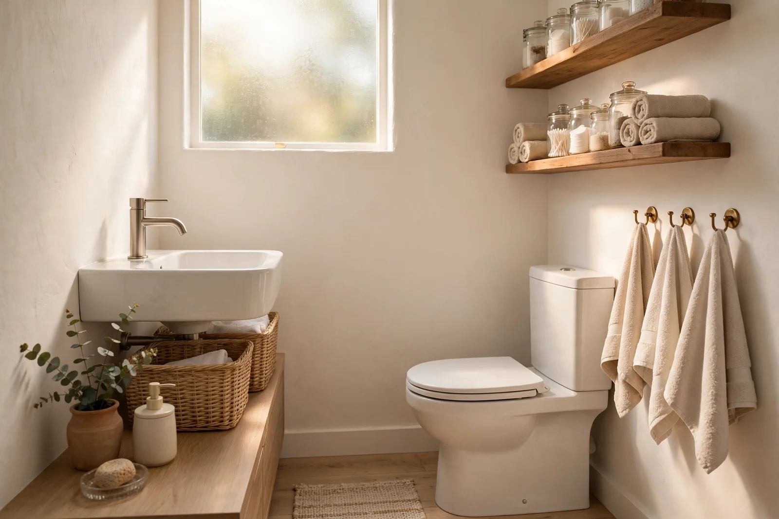 Tidy small bathroom with over-toilet shelves, baskets under the basin and hooks holding towels
