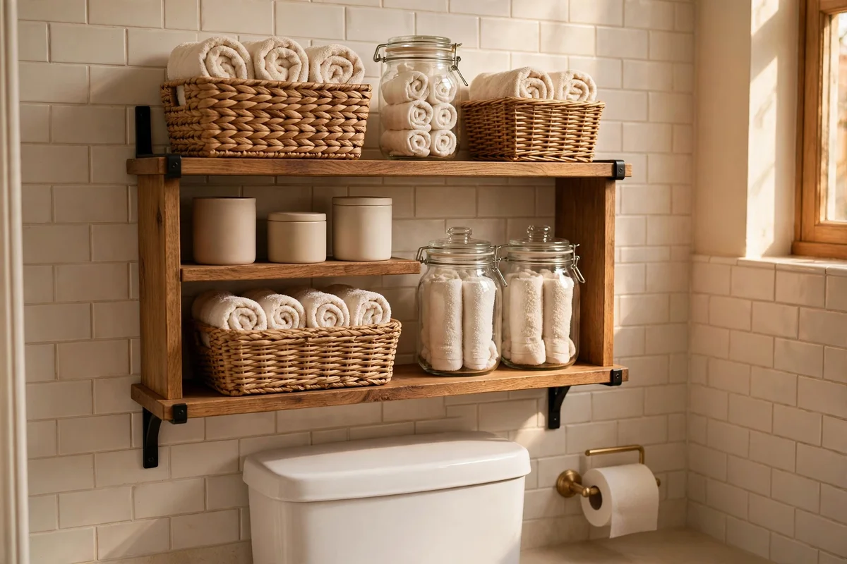 Wooden over toilet shelves with sealed jars and folded towels, warm bathroom light
