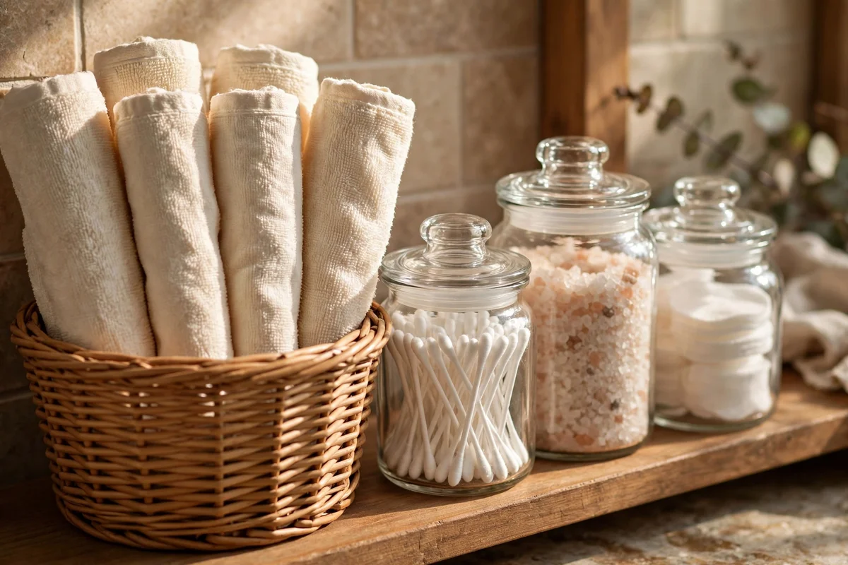 Rolled hand towels and sealed glass jars on bathroom shelving