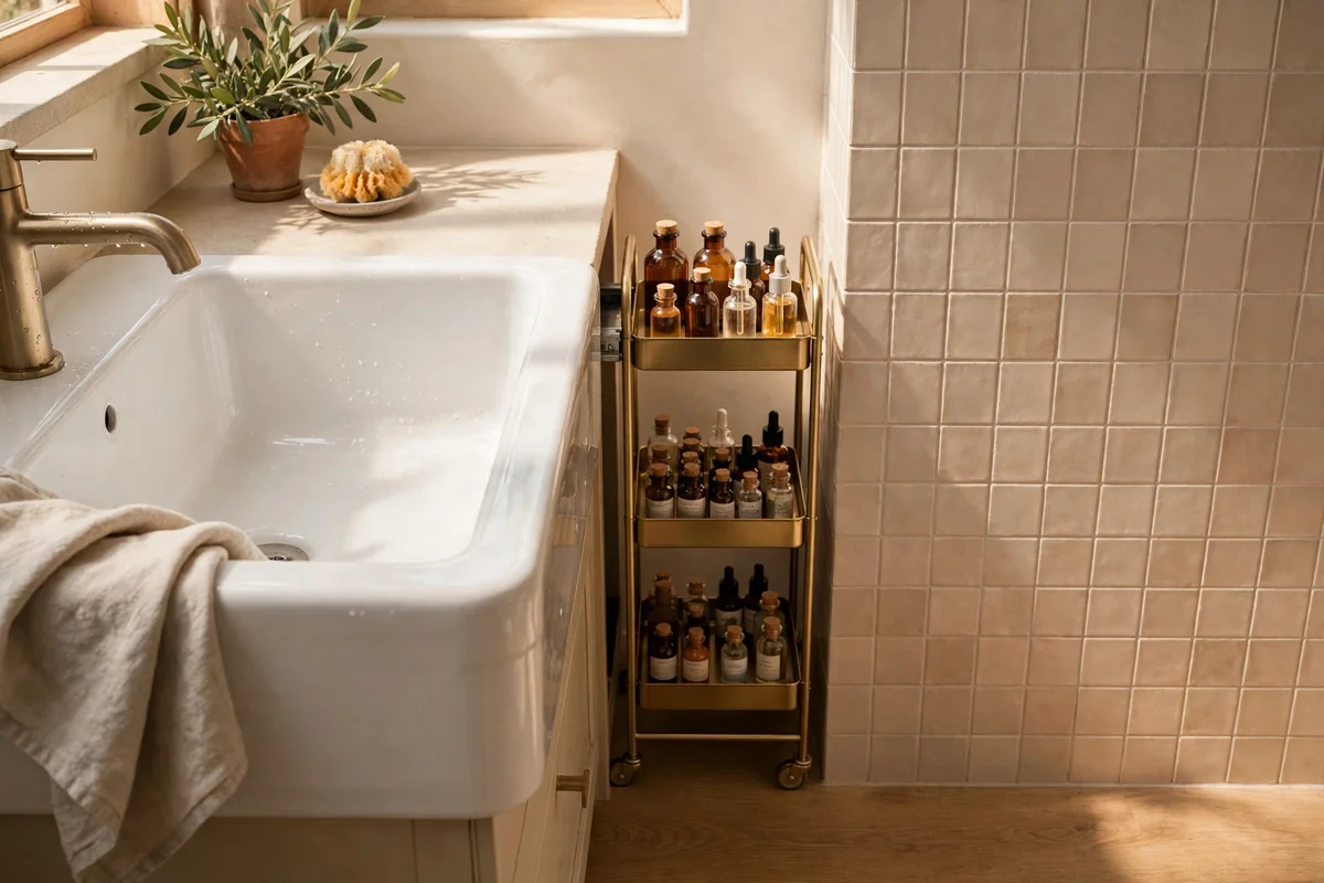 Slim rolling cart with bathroom supplies beside a basin