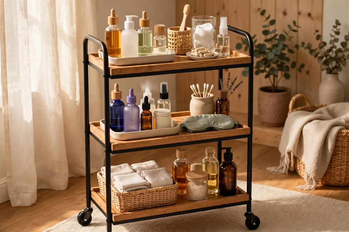 Organised rolling cart tiers with bathroom routine supplies