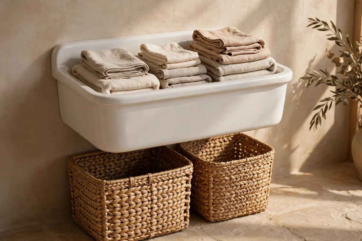 Woven baskets tucked under a wall-hung basin