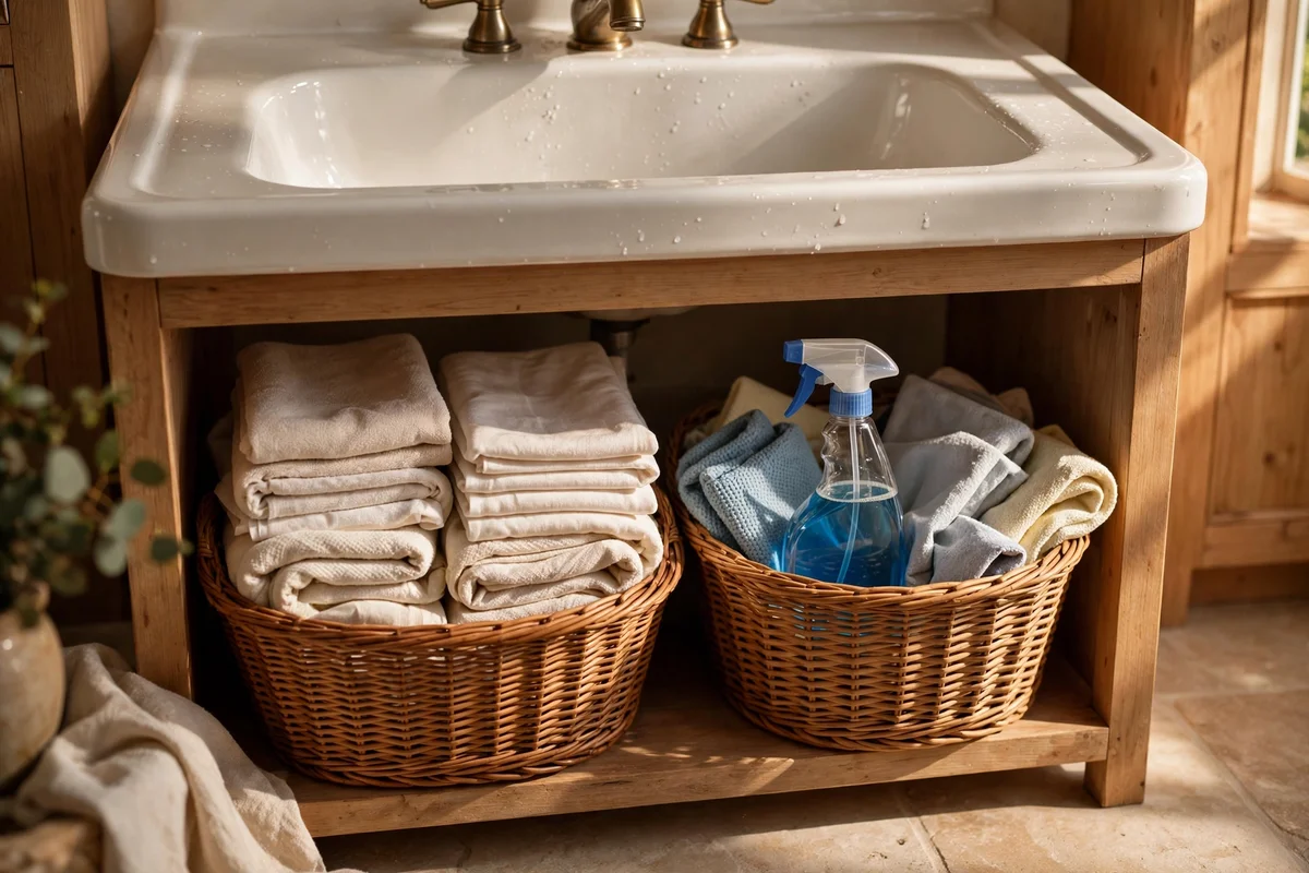 Two baskets under basin holding folded linens and cleaning supplies