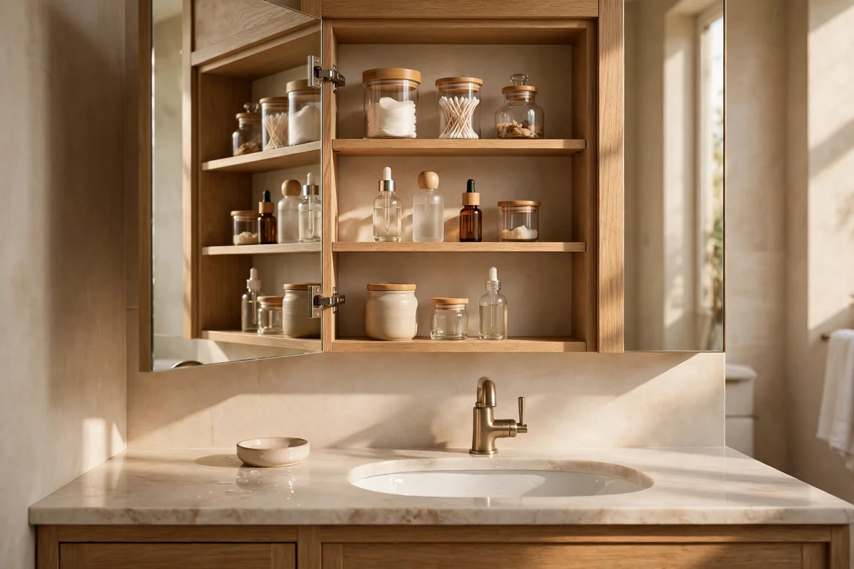 Mirrored bathroom cabinet with organised bottles inside