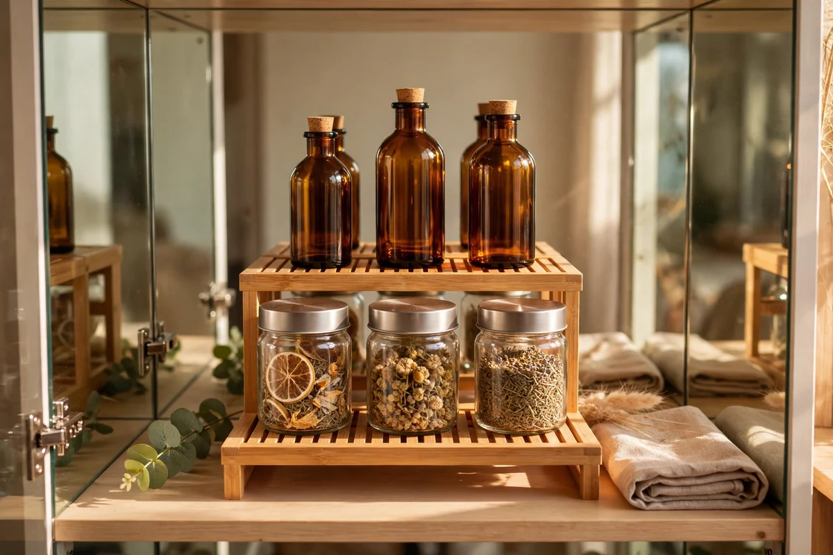 Tiered risers inside a mirrored cabinet showing bottles clearly