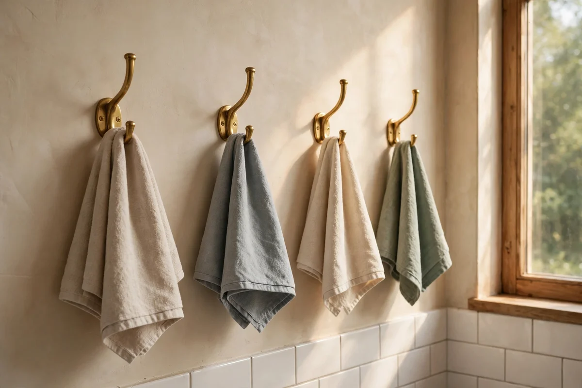 Row of sturdy hooks holding towels in a small bathroom