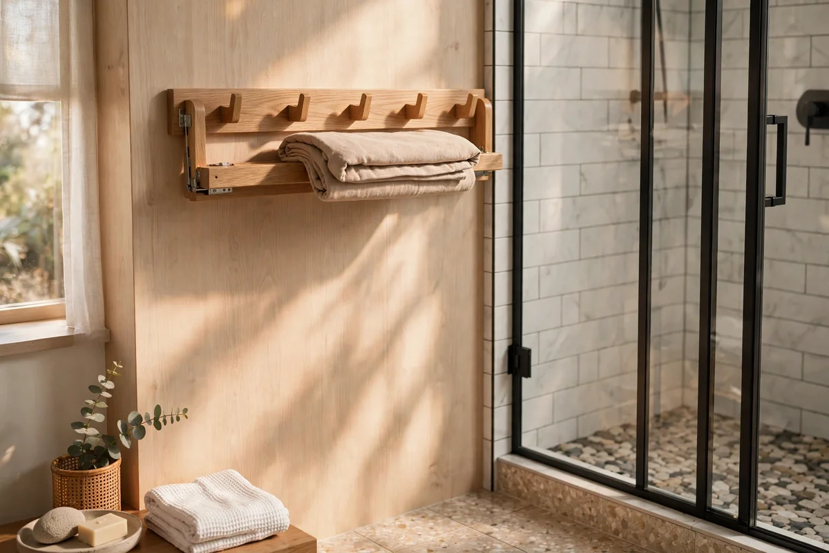 Fold-down hook rail beside a shower door holding a robe