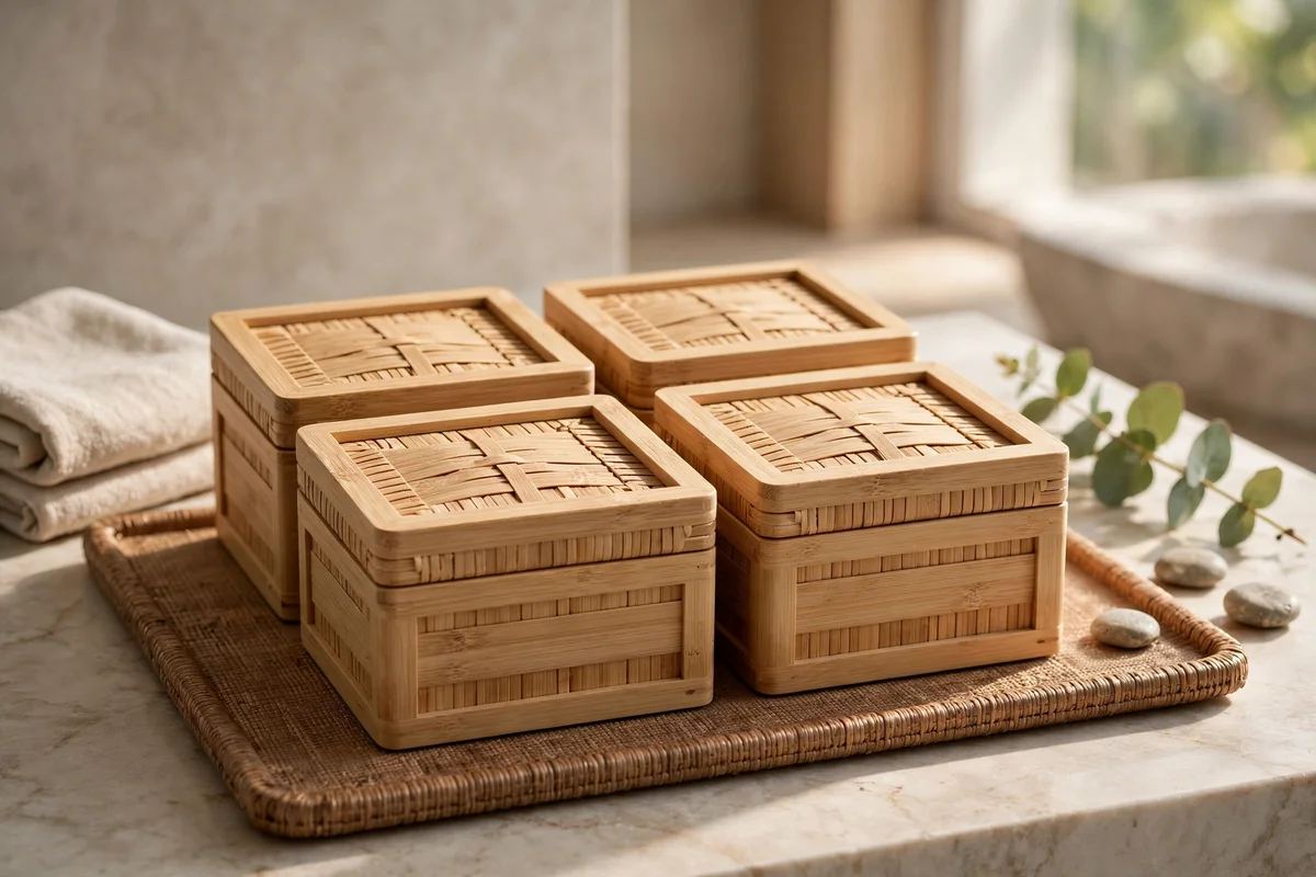 Lidded boxes organised by task on a bathroom tray