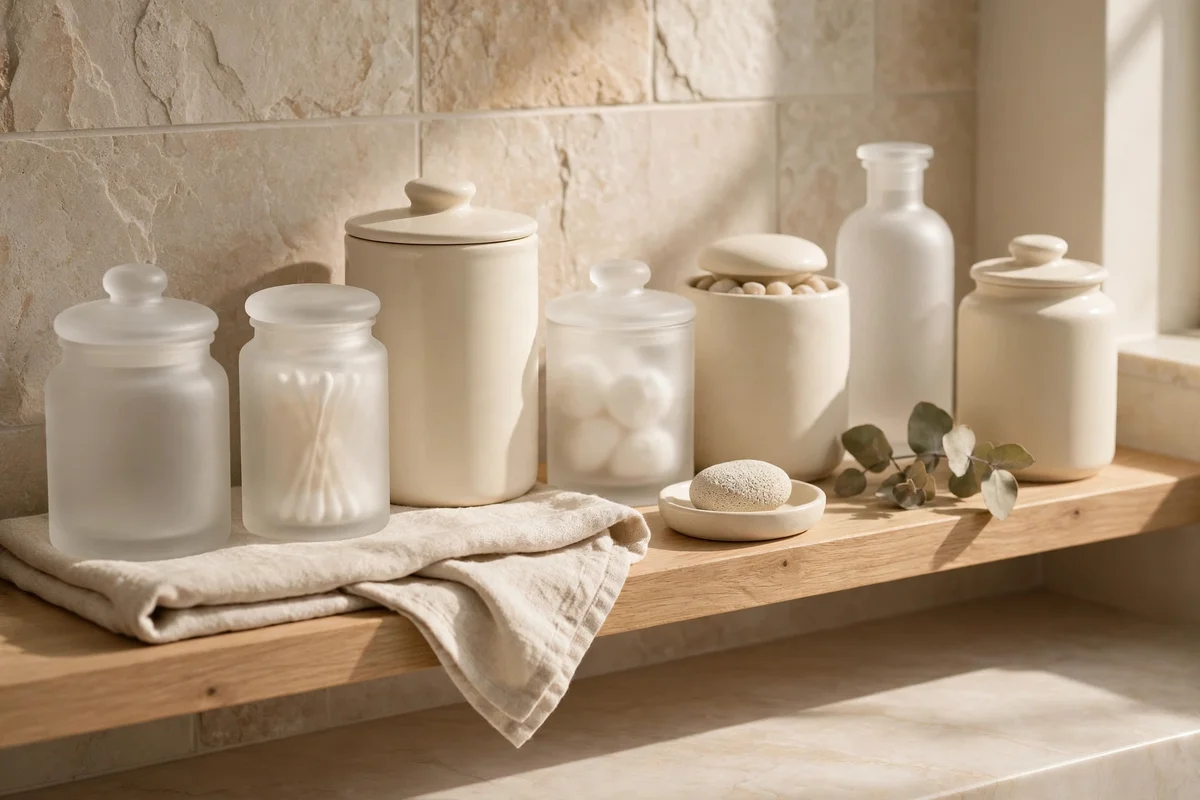 Plain unlabeled containers in matching tones on a bathroom shelf