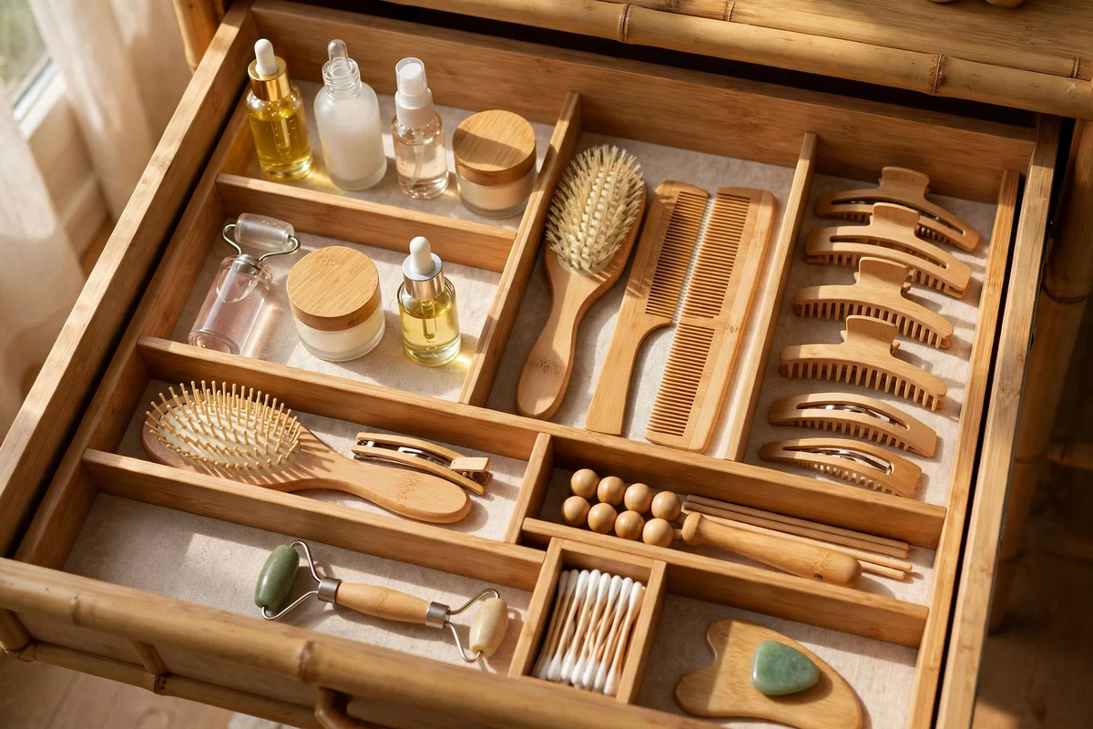 Adjustable dividers organising a vanity drawer