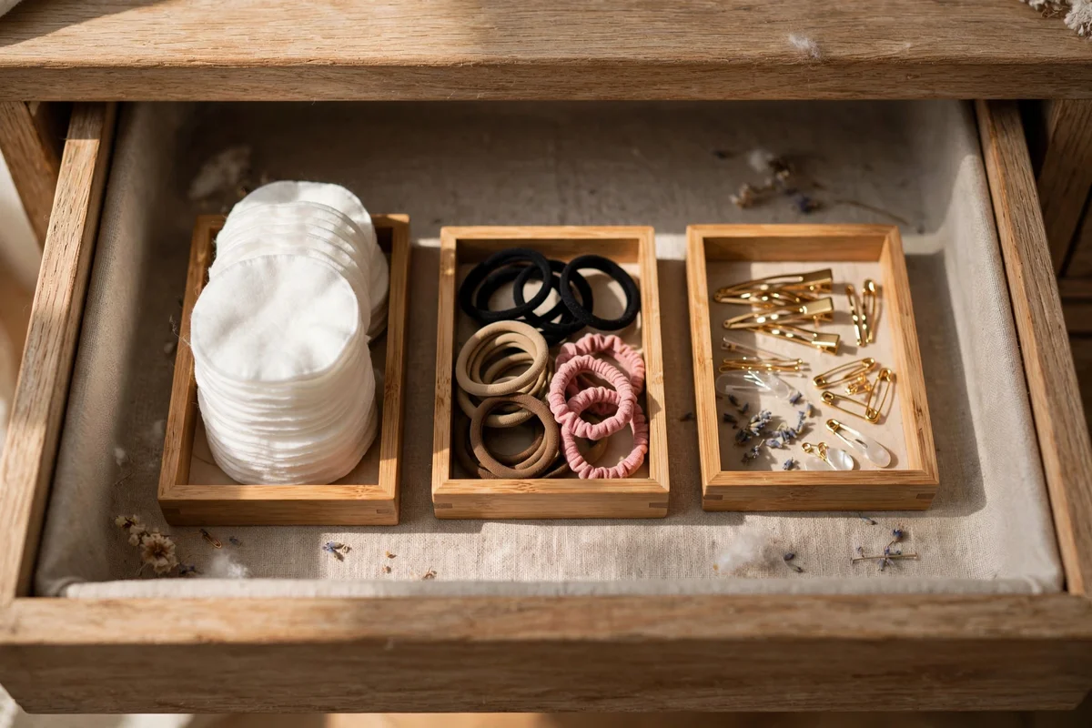 Small trays of cotton pads and hair ties inside a drawer