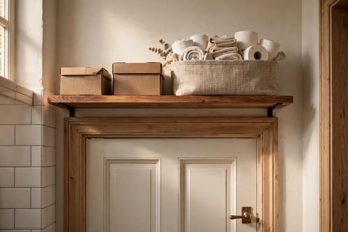 Narrow shelf above a bathroom door holding spare supplies