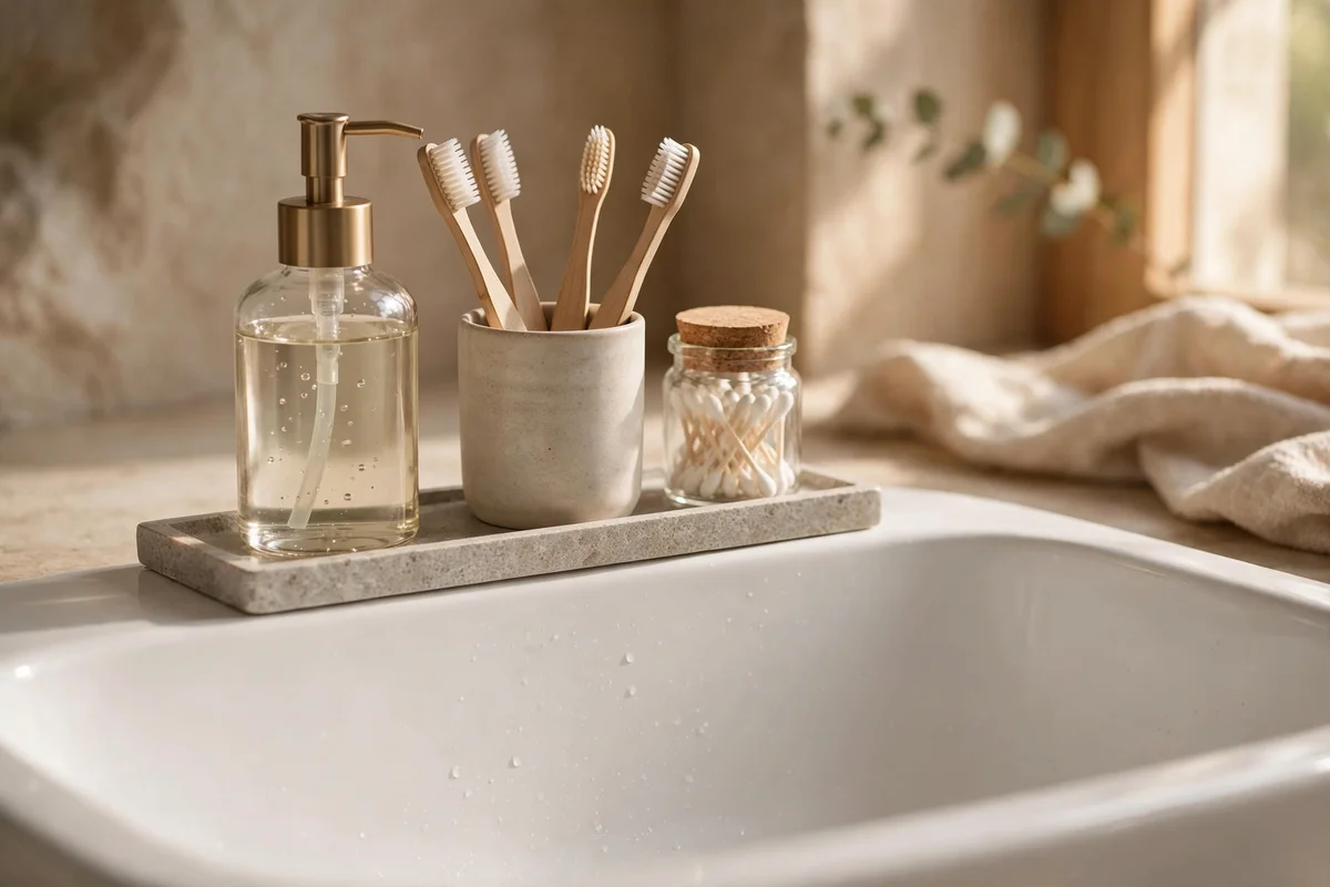 Slim stone tray corralling soap and tumbler at a sink edge