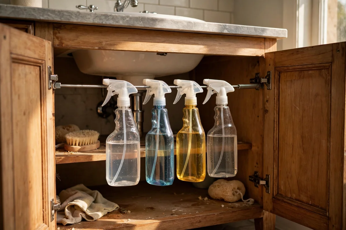 Tension rod under sink holding spray bottles
