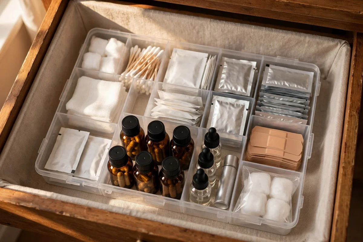 Medicine box stored in a dry bedroom drawer, not the bathroom