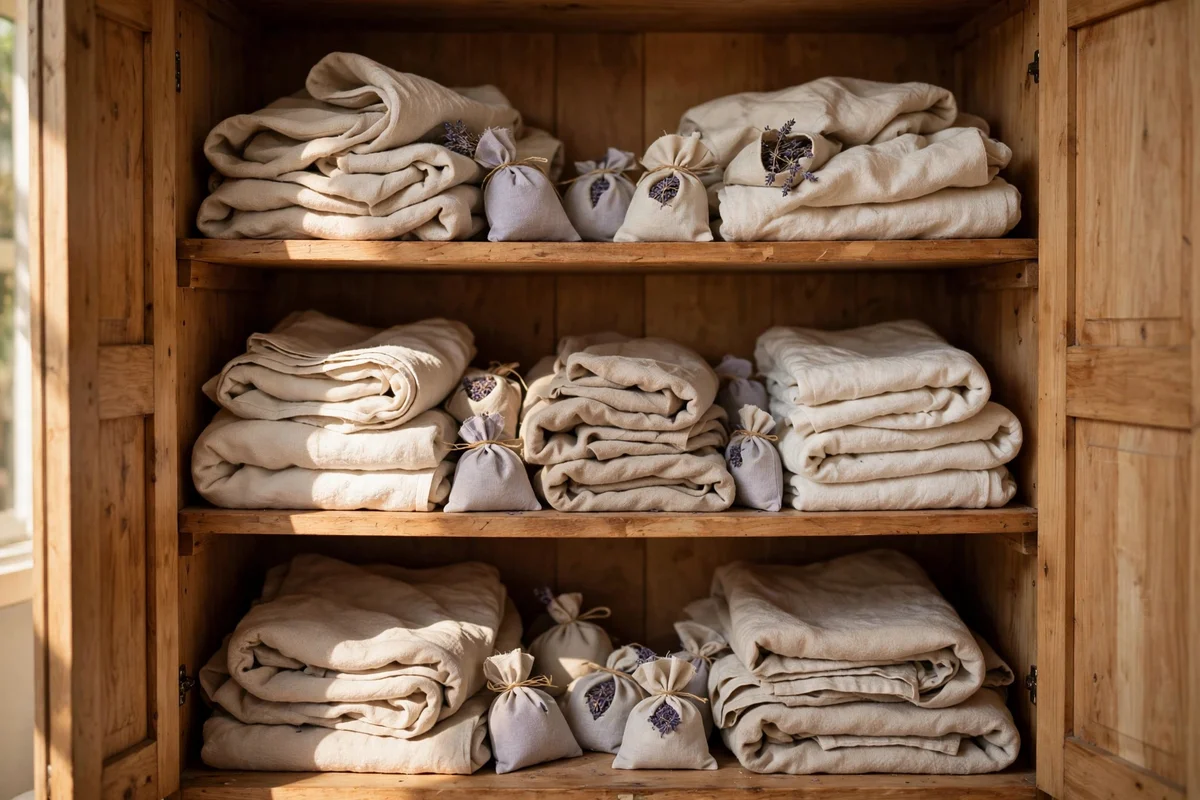 Folded spare towels in a dry linen cupboard with sachets