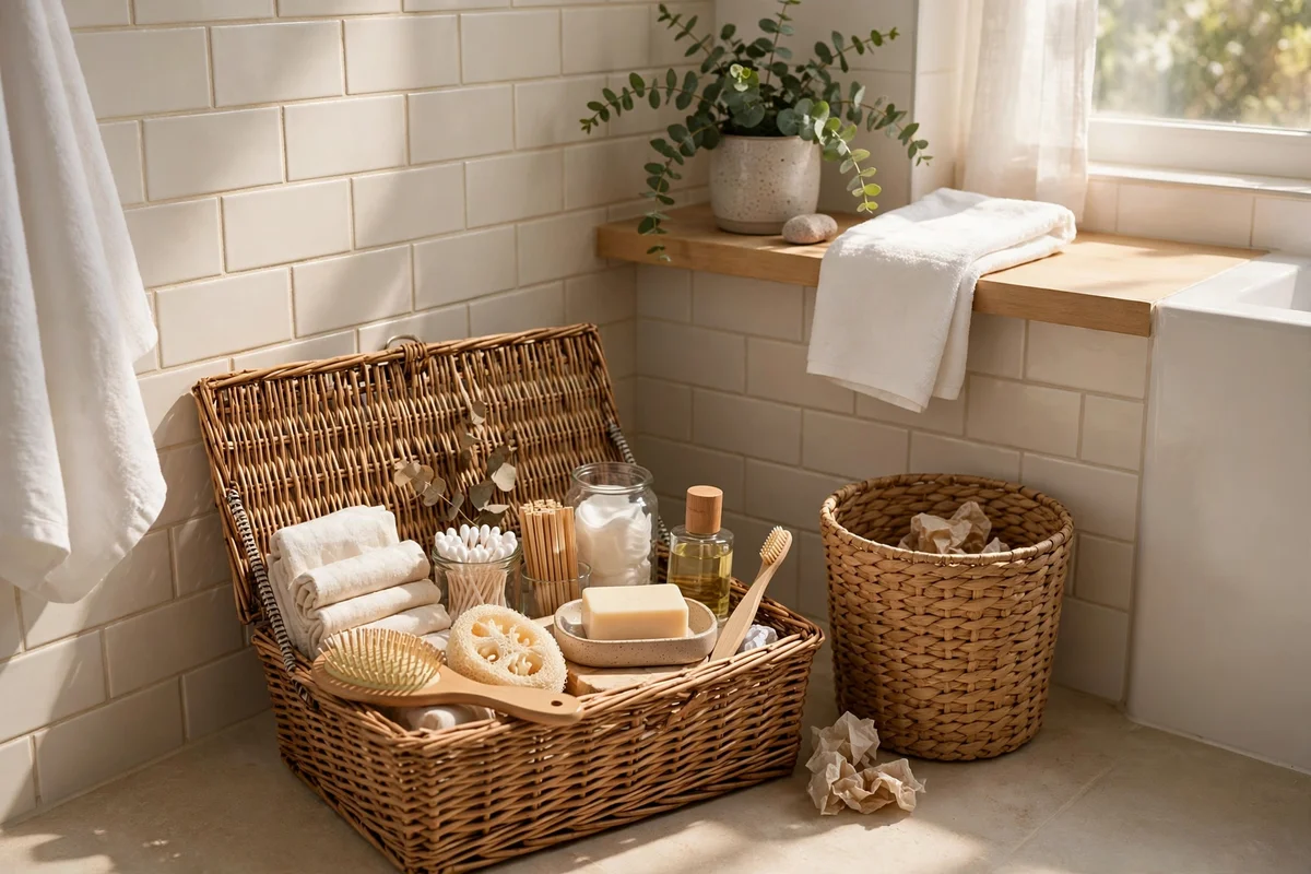 Hands sorting bathroom items during a monthly audit