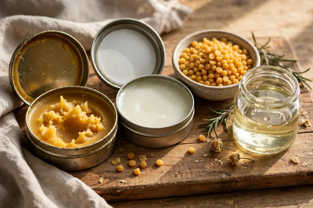 Round tins of classic beeswax and coconut oil lip balm beside beeswax pellets