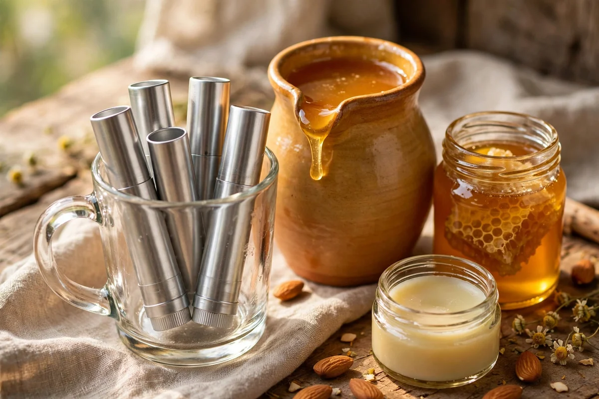 Honey and sweet almond oil lip balm being poured into upright twist tubes