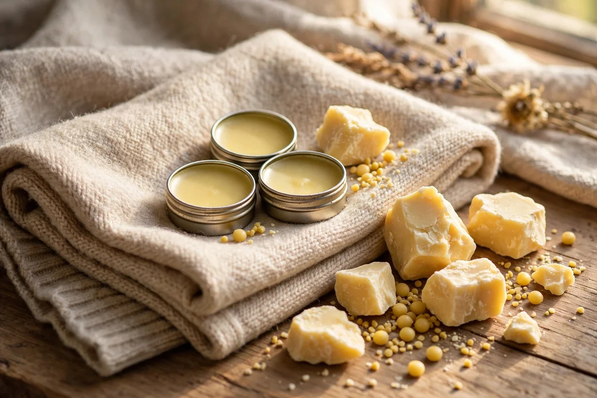 Cocoa butter and beeswax winter lip balm tins on a folded woollen cloth