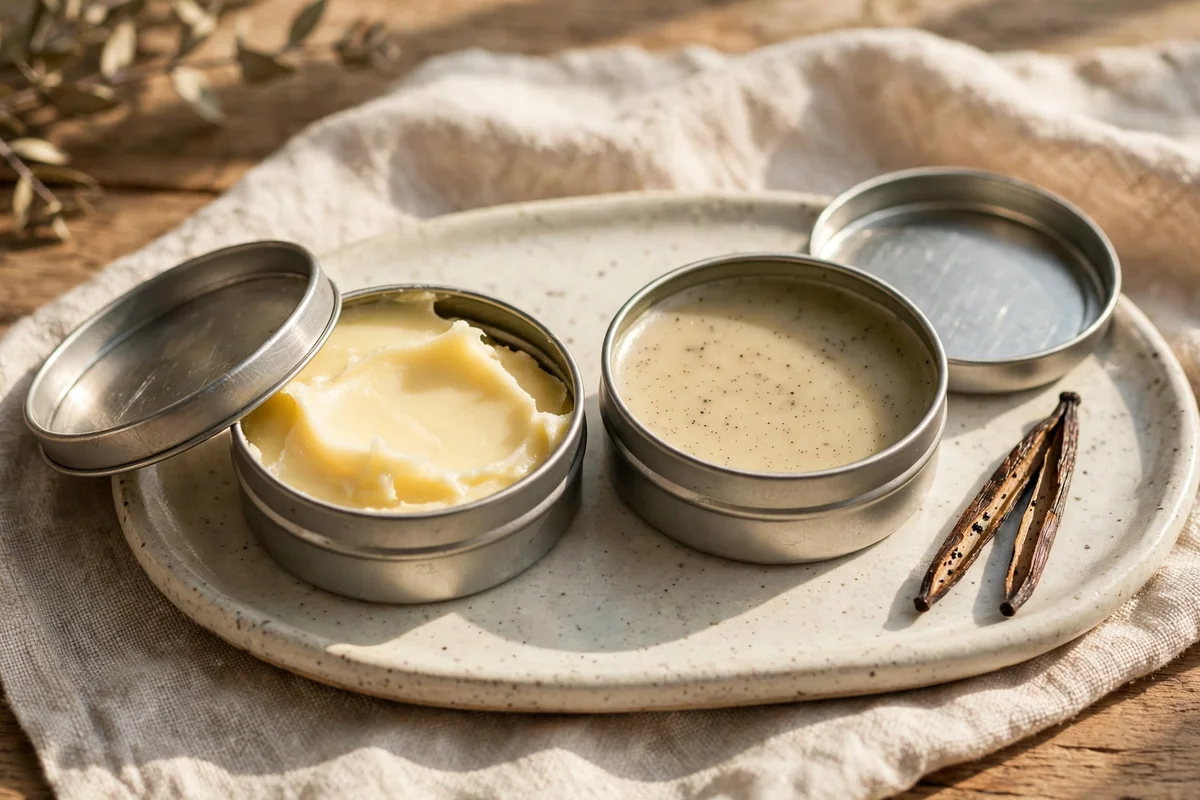 Shea butter vanilla lip balm in shallow slide tins with a vanilla pod
