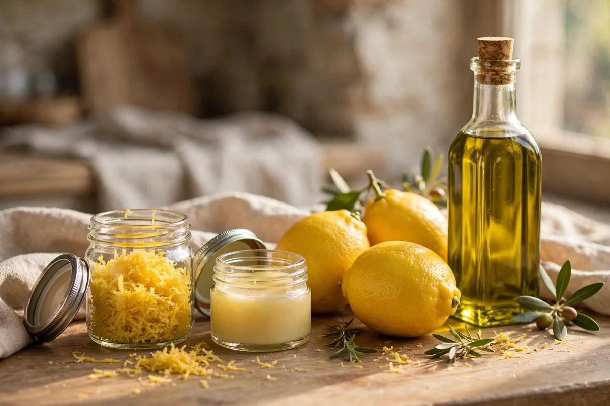 Citrus zest olive oil lip balm in small glass jars with lemons
