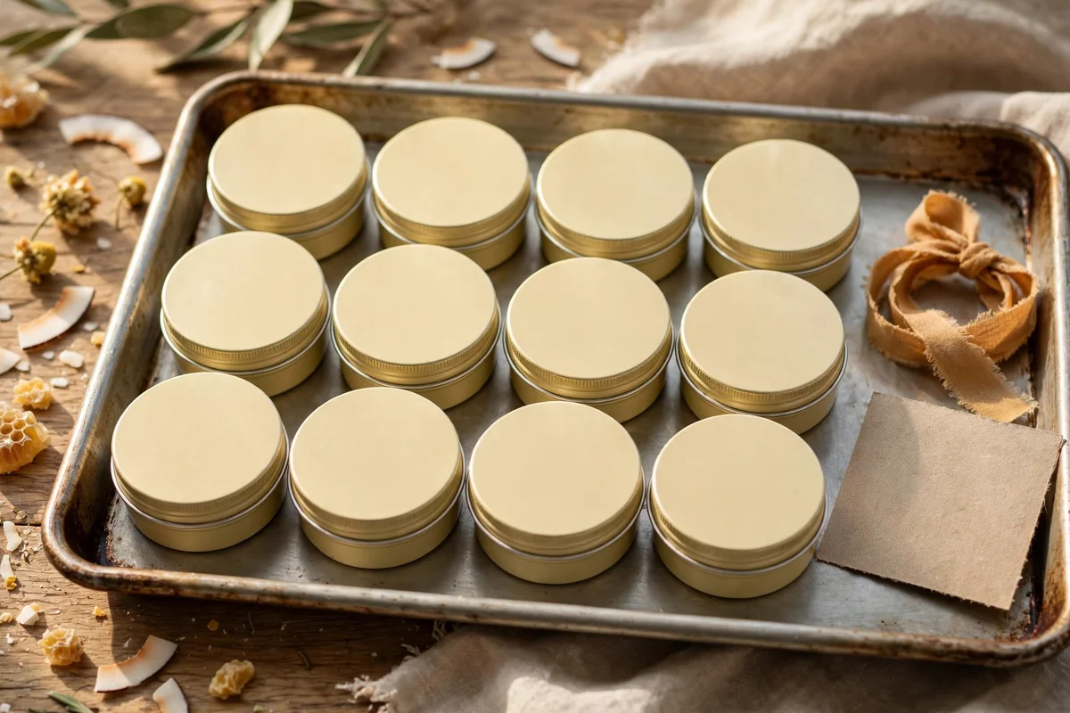 Twelve tins of coconut honey lip balm lined up on a baking tray