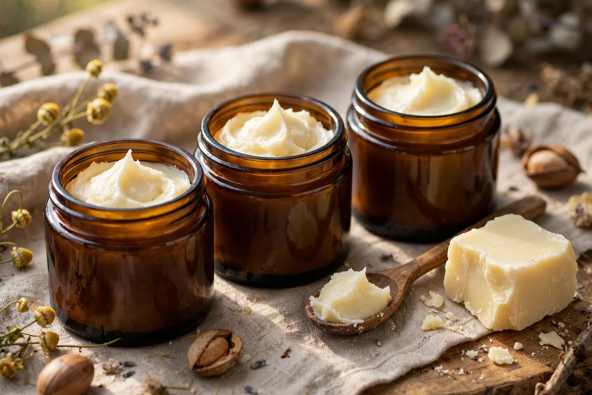 Whipped shea butter lip balm in amber glass jars with a small spoon