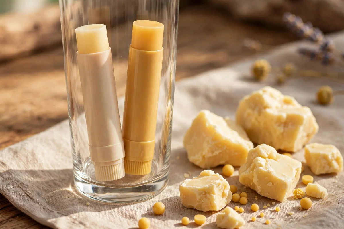 Cocoa butter honey lip balm sticks in twist tubes beside cocoa butter