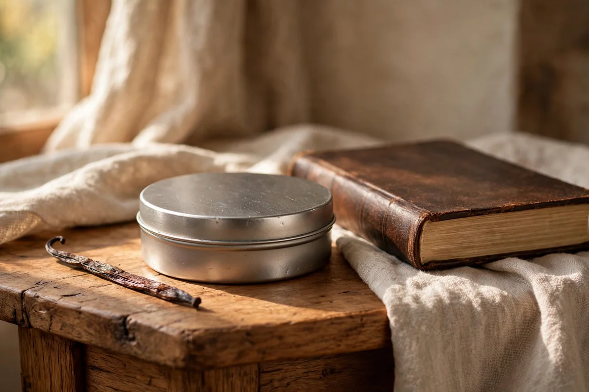 Vanilla almond lip balm tin on a wooden nightstand with a book