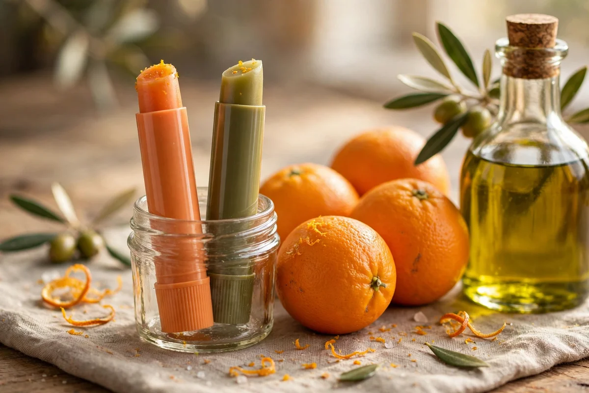 Orange zest olive oil lip balm in twist tubes with fresh oranges