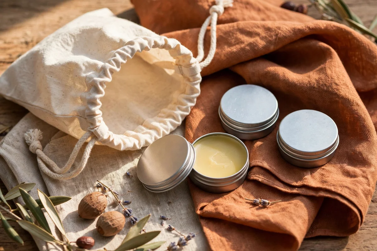 Travel set of shea butter lip balm tins in a cotton drawstring pouch