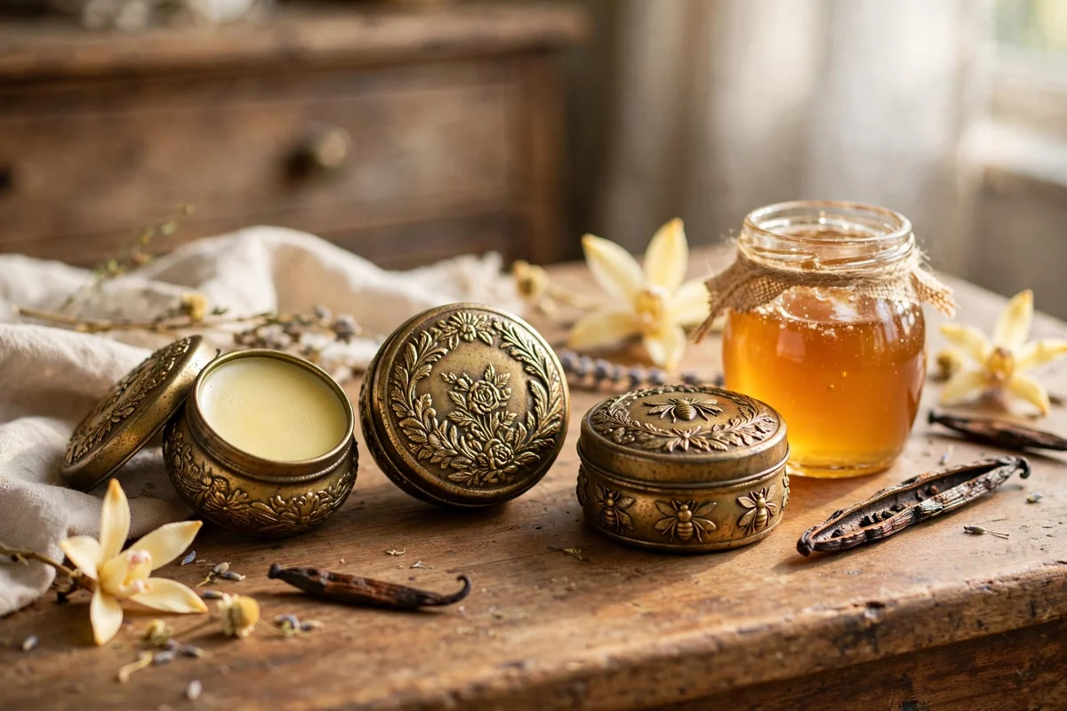 Honey vanilla lip balm in ornate vintage style tins on a dressing table
