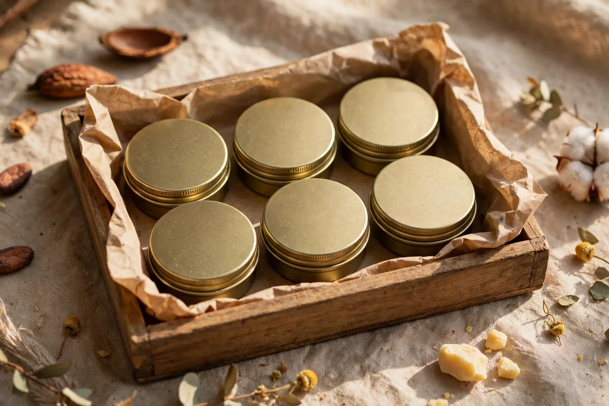 Six cocoa lip balm tins arranged in a small wooden gift tray