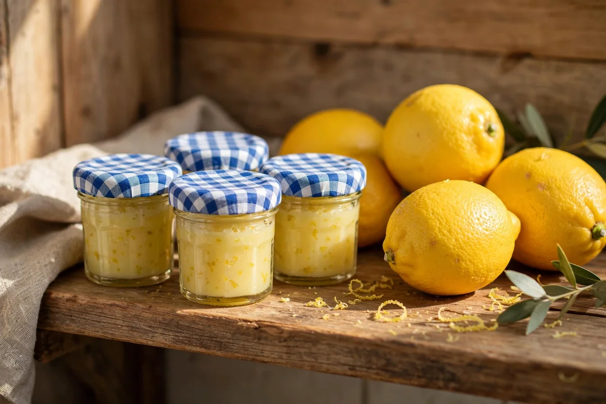 Lemon zest lip balm in mini jam jars with gingham lids on a shelf